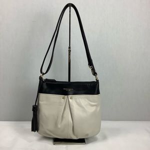 Tignanello Black Beige Leather Pretty Pleats Convertible Cross Body Shoulder Bag